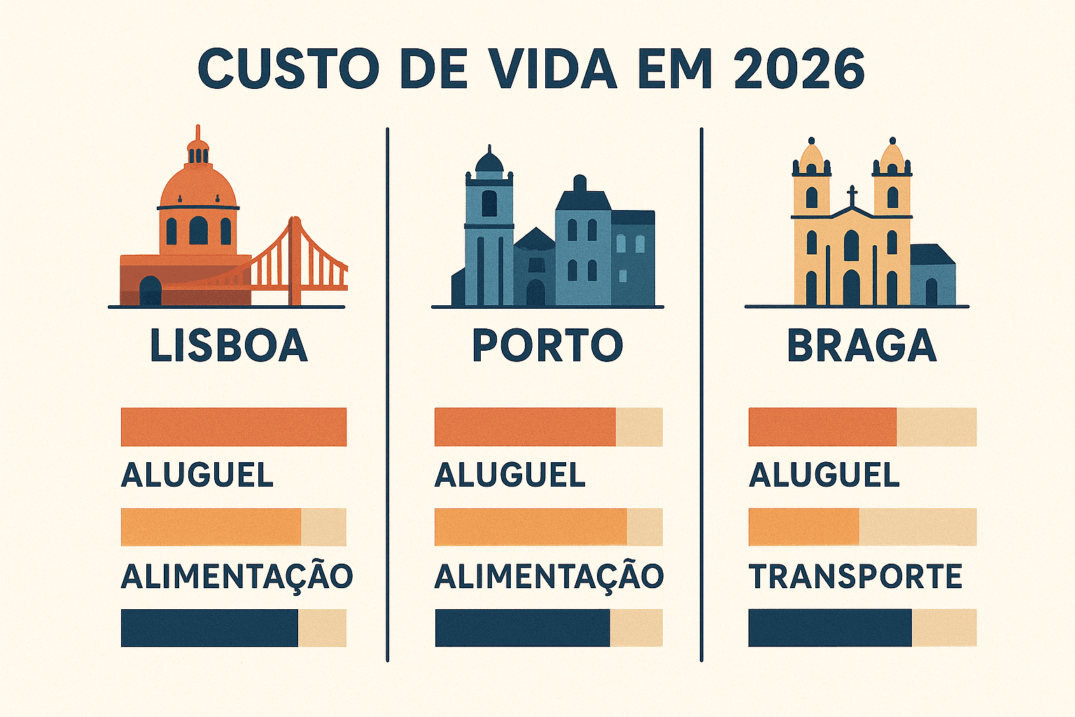 Imagem de capa para Custo de vida em Portugal 2026: Lisboa, Porto e Braga — números reais para brasileiros