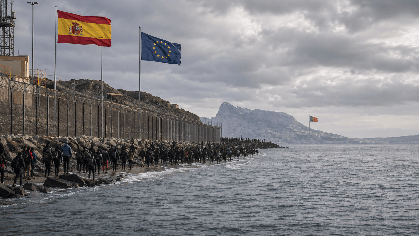 Fronteira costeira entre Ceuta e Marrocos durante a crise migratória de julho de 2026