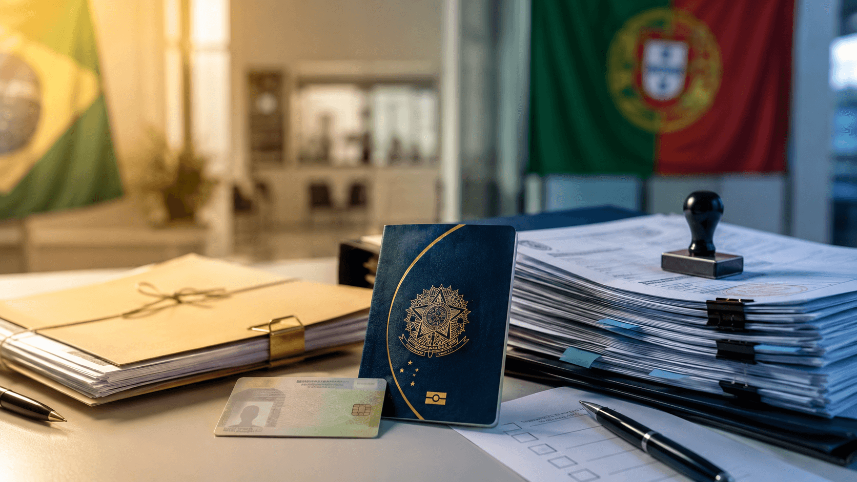 Passaporte brasileiro ao lado de documentos portugueses e da bandeira de Portugal, representando as regras de nacionalidade de 2026